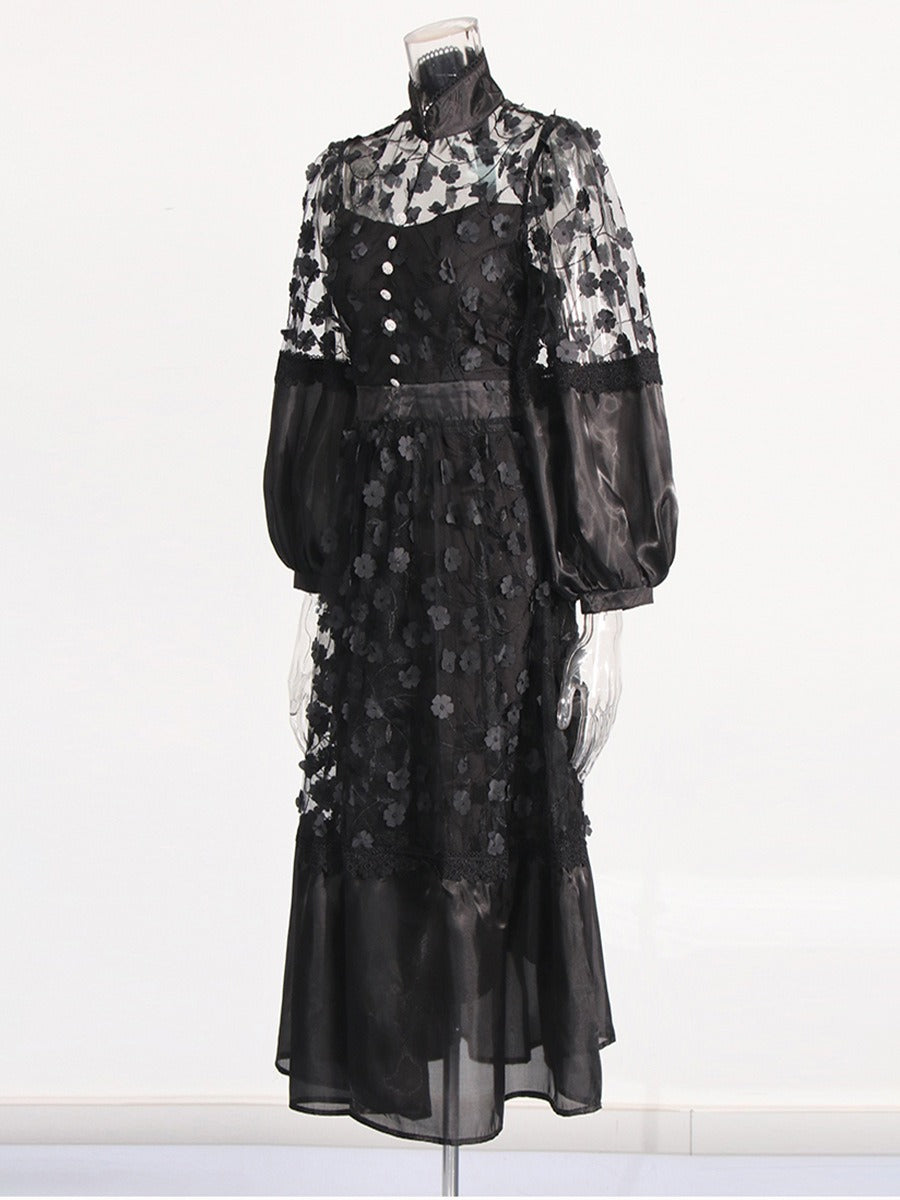 Stand Collar Puff Sleeves 3D Floral Mesh Dress