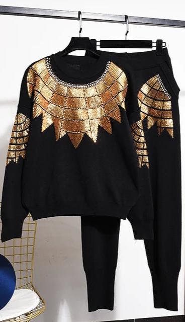 Diamond Drill Long Sleeved Embroidered Sweater + Pants Set