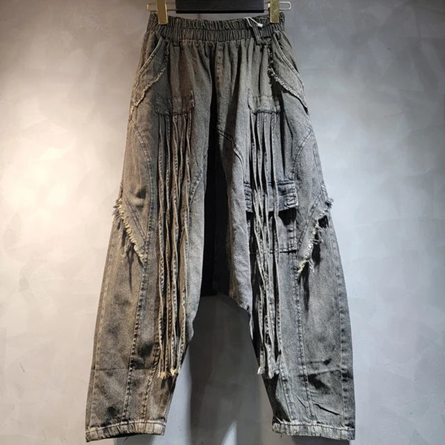 Loose High Elastic Waist Wide Leg Denim Pants