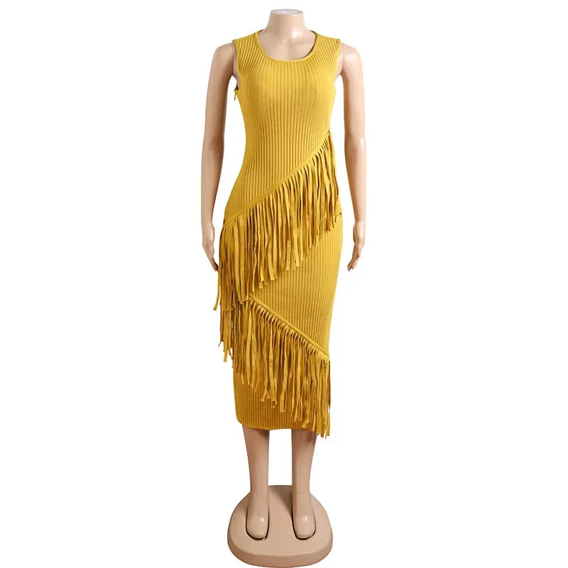 Yellow Tassel Hip Wrap Bandage Dress