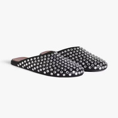 Rhinestone Rivet Toe Cap Flat Mules