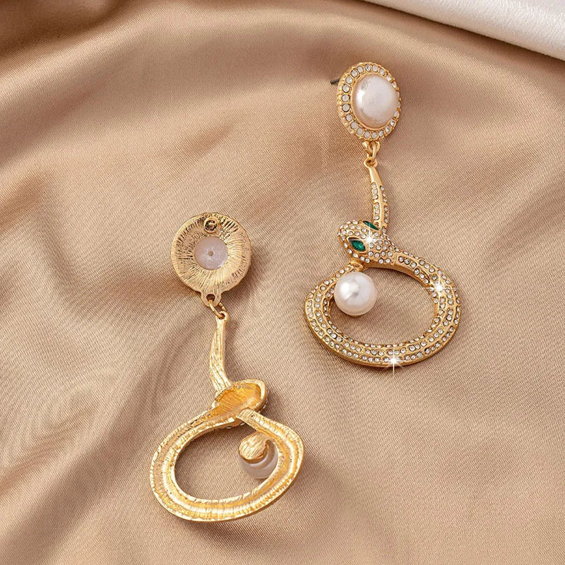 Snake Shaped Pearl Diamond Inlaid Earrings