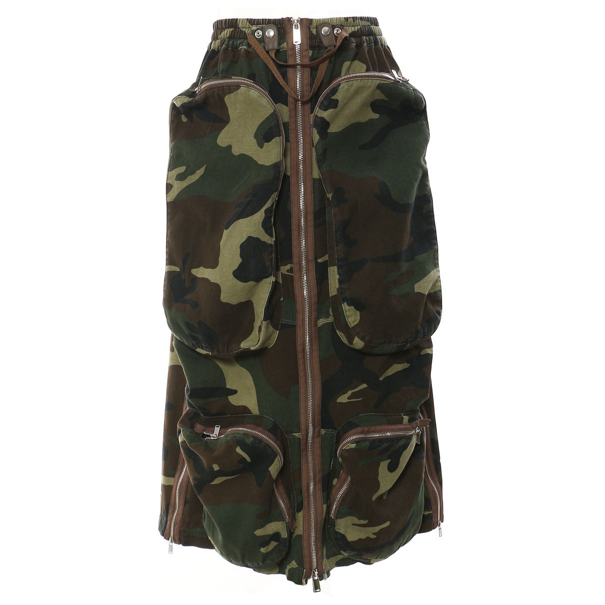 Camo Zipper Pocket Side Split Midi Skirt