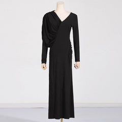 Asymmetric Slim Fit V-Neck Pleated Maxi Dress