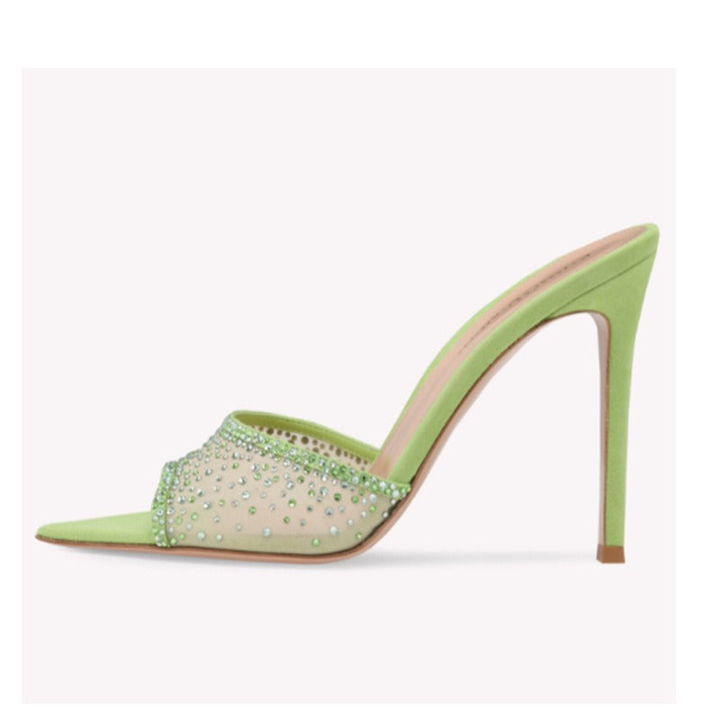 One Line Pointed Fish Mouth Mesh Water Diamond Stiletto Sandals