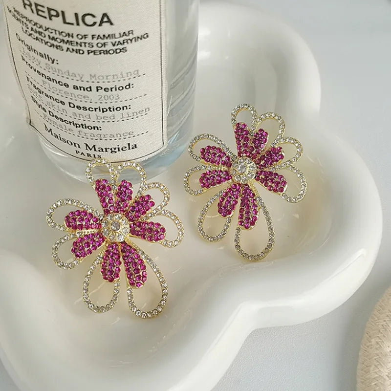Pink Daisy Rhinestone Overlined Earrings