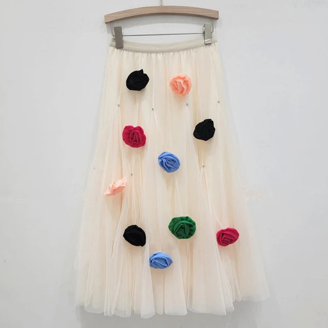 3D Flower High Elastic Waist A-Line Mesh Skirt