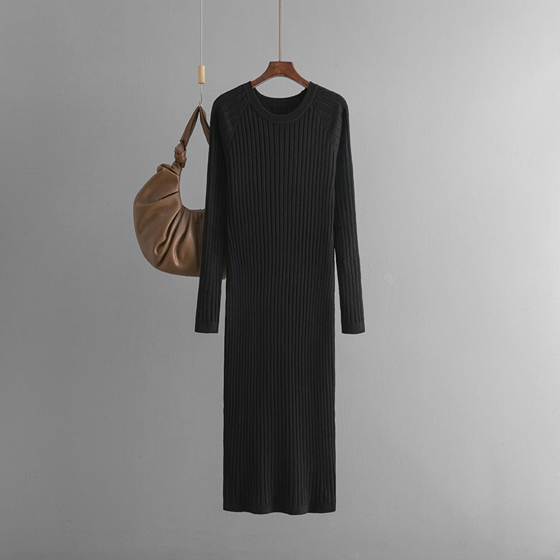 Solid Pleated Round Neck Woolen Knitted Dress