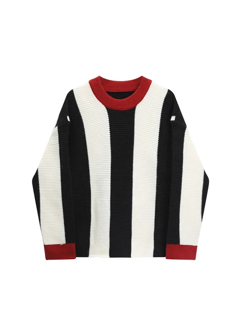 Round Neck Striped Long Sleeved Knitted Sweater