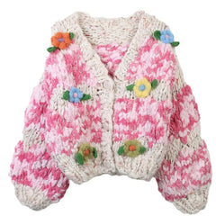 Colorful Handmade Flower Long Sleeved Loose Knitted Cardigan