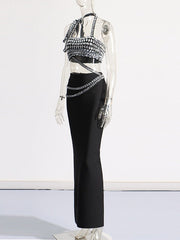 Diamond Encrusted Slanted Shoulder Tube Top +Hip Covering Skirt