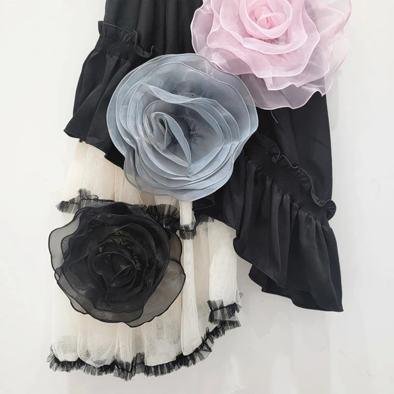 Mesh Patchwork High Elastic Waist Flowers A-Line Skirt
