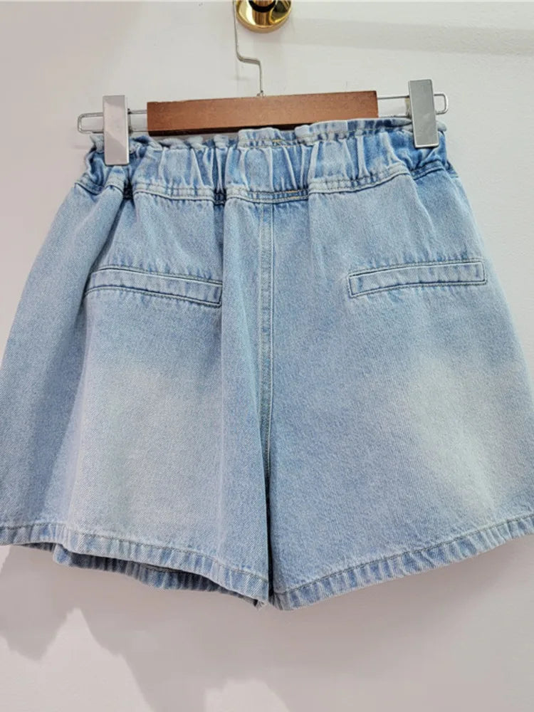 Diamond Studded High Waist Wide Leg Denim Shorts