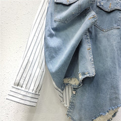 Denim Patchwork Striped Long Sleeved Shirt