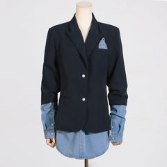 Spliced Denim Long Sleeved Black Blazer