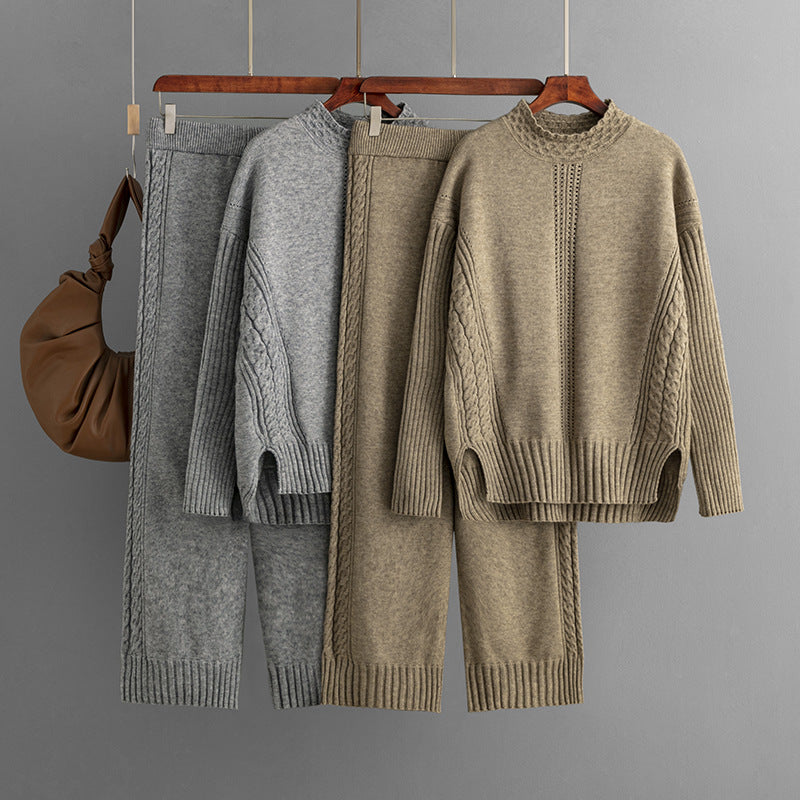 Casual Solid Loose Knit Sweater + Pants Set