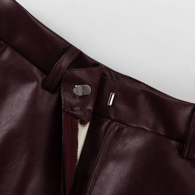 Vintage Burgundy Faux Leather Tie Waist Jacket + Pants Set