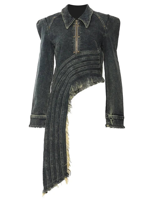 Denim Irregular Hem Burr Slim Jacket