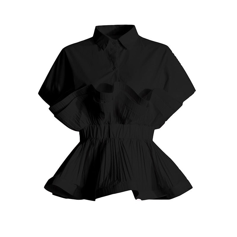 Ruffle Edge Patchwork Waist Cinching Short Sleeved Shirt