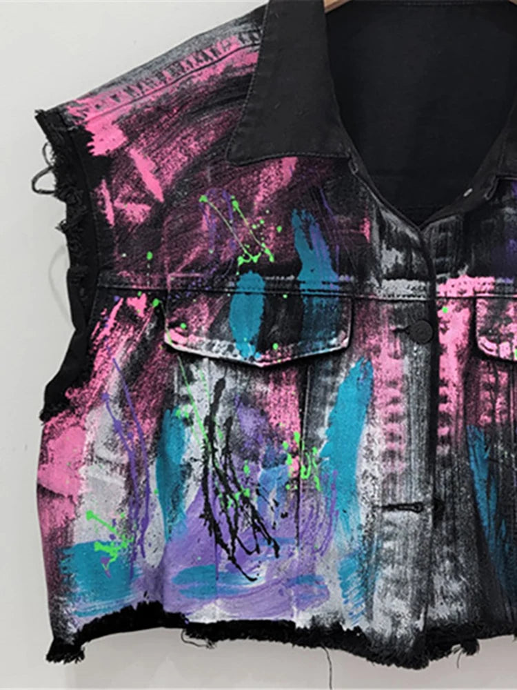 Hand-Painted Graffiti Short Denim Vest