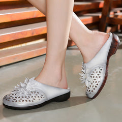 Women Hollow Leather Floral Casual Slippers