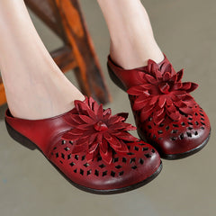 Women Hollow Leather Floral Casual Slippers