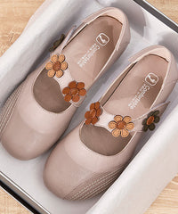 Boho Buckle Strap Flat Shoes For Women Apricot Floral Cowhide Leather