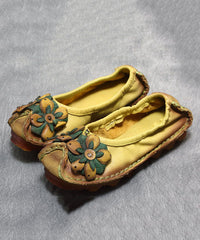 Floral Splicing Flat Shoes Yellow Cowhide Leather