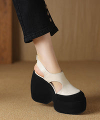 Fashion Splicing Platform Sandals White Cowhide Leather Hollow Out