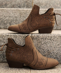 Brown Boots Chunky Faux Leather Solid Hollow Out Ankle Boots