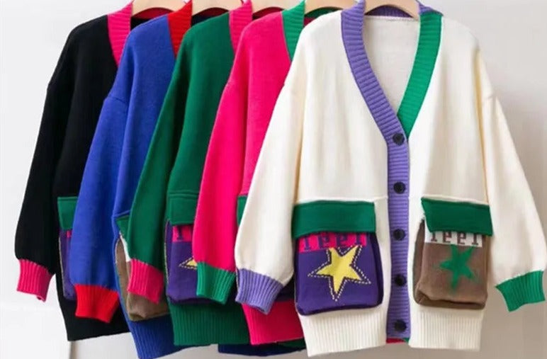 Colorful Patch Pockets Knitted Sweater