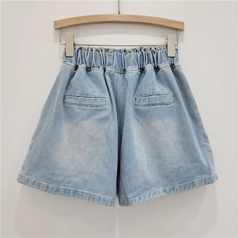 Diamond Elastic Waist Drawstring Denim Shorts