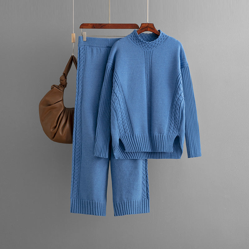 Casual Solid Loose Knit Sweater + Pants Set