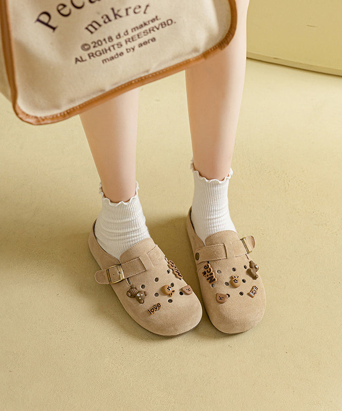 Casual Apricot Suede Splicing Hollow Out Slide Sandals