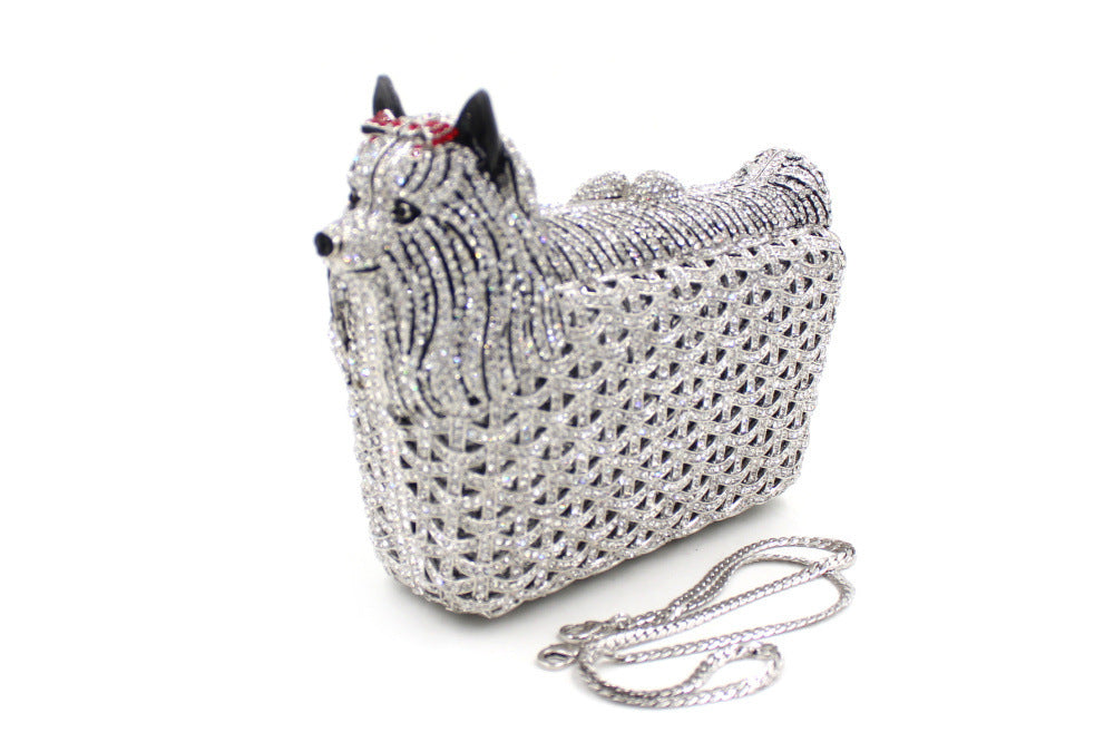 Puppy Hollow Metal Diamond Inlaid Handbag