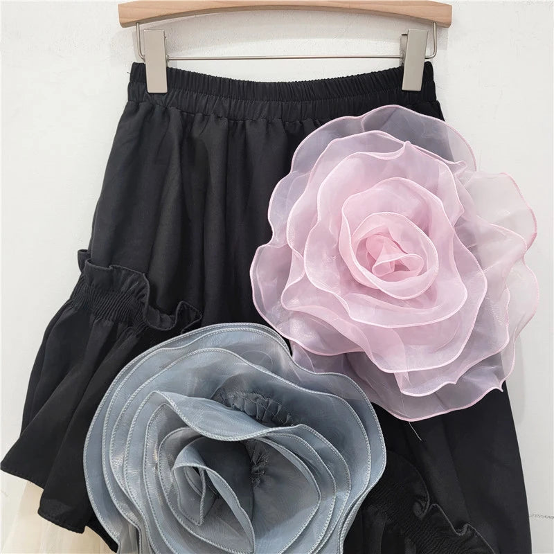Mesh Patchwork High Elastic Waist Flowers A-Line Skirt