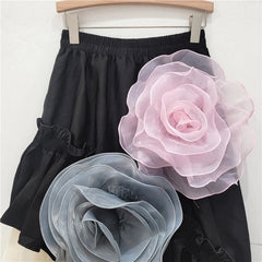 Mesh Patchwork High Elastic Waist Flowers A-Line Skirt