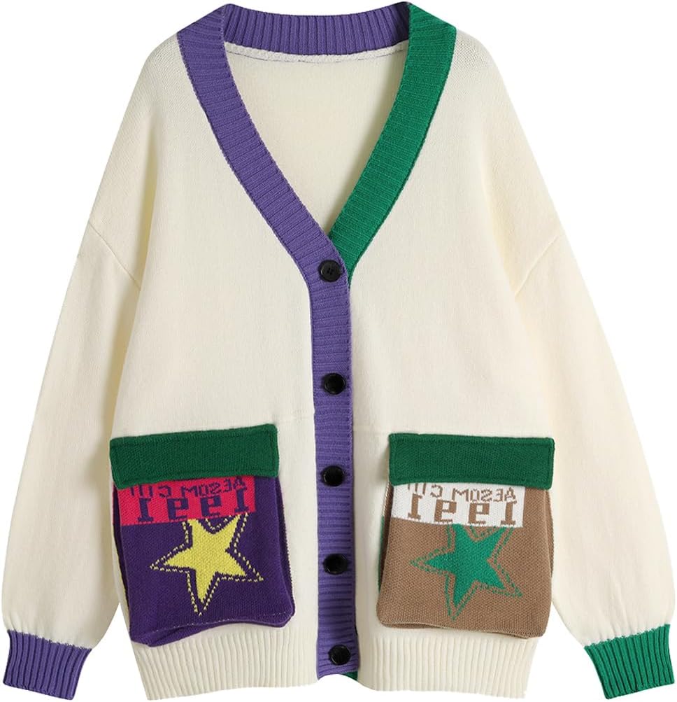 Colorful Patch Pockets Knitted Sweater