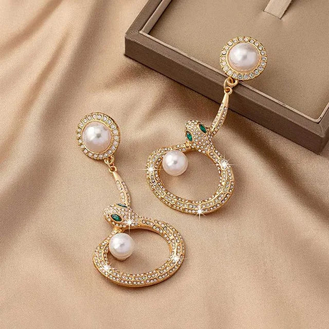 Snake Shaped Pearl Diamond Inlaid Earrings