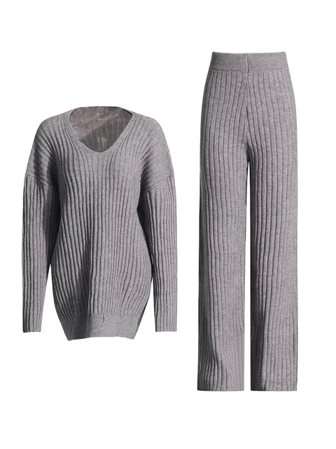 Comfy Knitted V-Neck Top + Pants Set