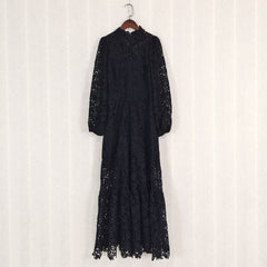 Hollow Out Embroidery Lantern Sleeve Maxi Dress