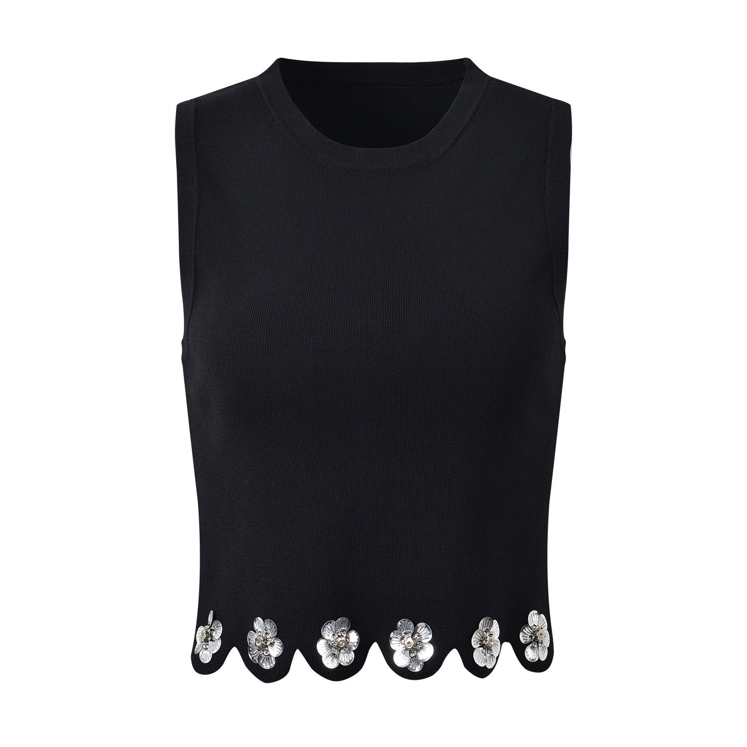 Pre Order:  Black Sequin Flower Sleeveless Knitted Tank Top + Skirt