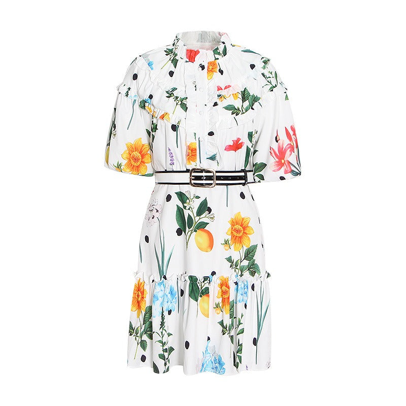 Standing Collar Short Sleeved High Waisted Slimming Waistband Dress