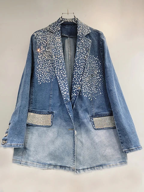 Gradient Blue Diamond Embellished Irregular Denim Blazer