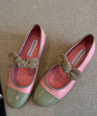 Boutique Bow Splicing Flat Feet Shoes Green Cowhide Leather