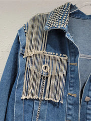 Spliced Diamond Tassel Long Sleeved Denim Jacket