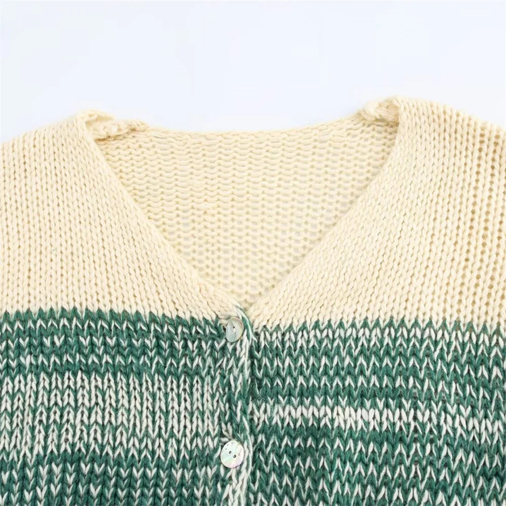 Color Block V-Neck Loose Fit Knitted Cardigan