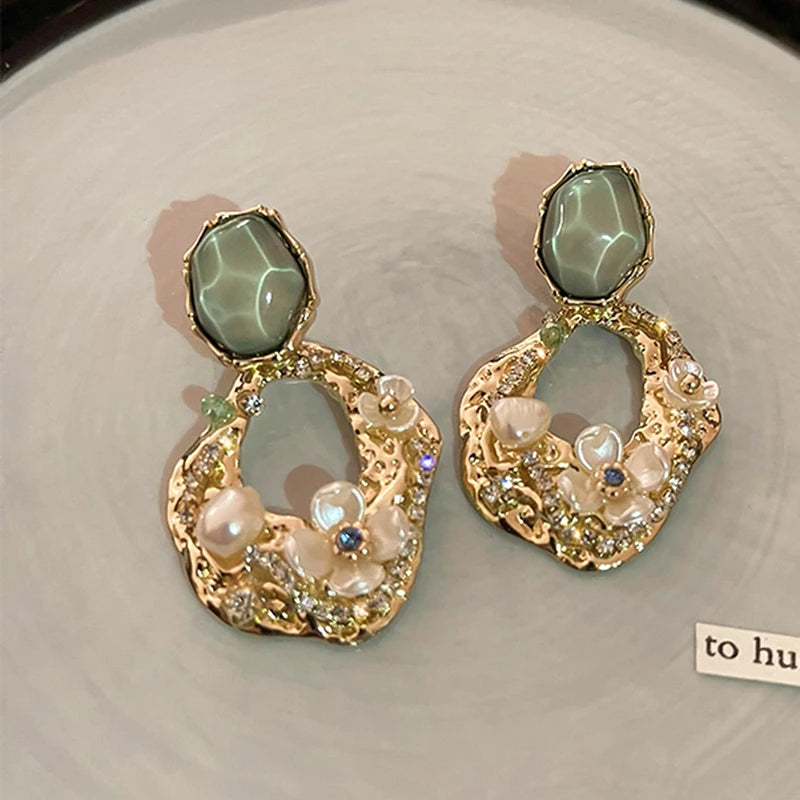 Zircon Pearl Flower Drop Earrings