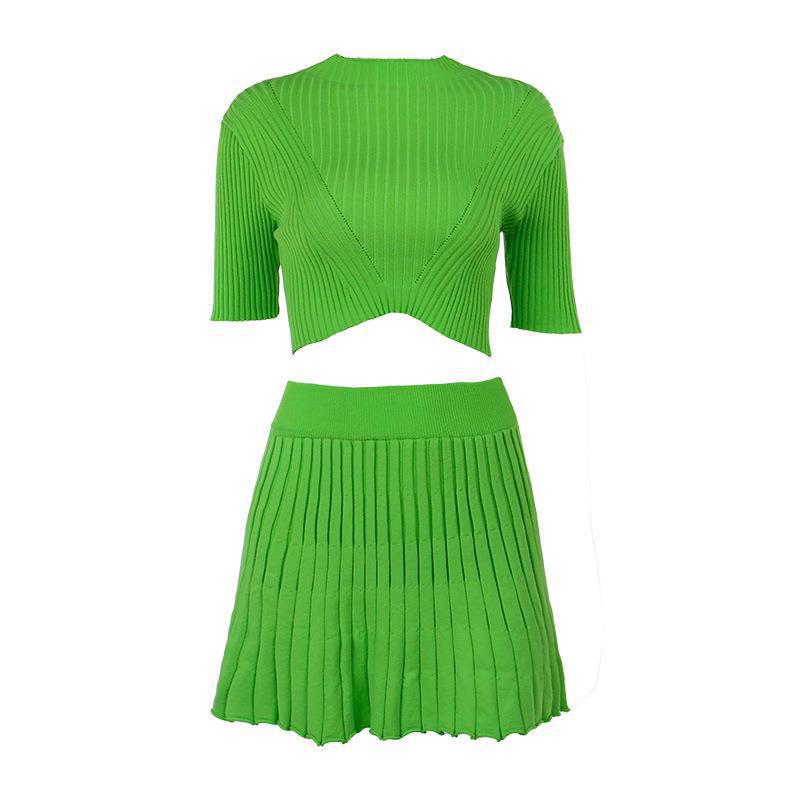 Solid Pleated Crop Shirt + Pleated Skirt Set