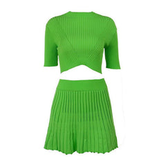 Solid Pleated Crop Shirt + Pleated Skirt Set